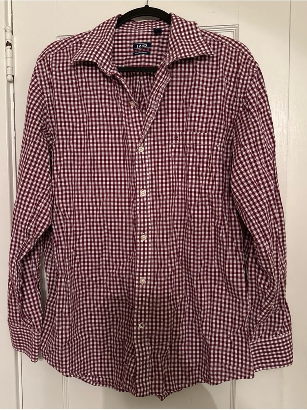 Izod Men’s Burgundy and White Gingham Button-Down Shirt